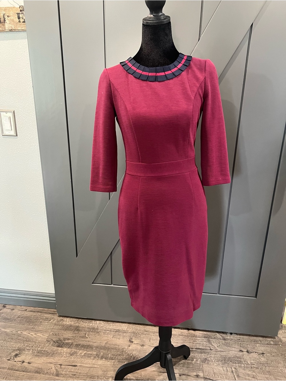 Boden Raspberry Midi Dress with Navy Trim